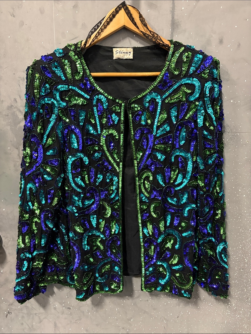 Stenay Black Jacket with Blue & Green Sequin Swirls Vintage 80s